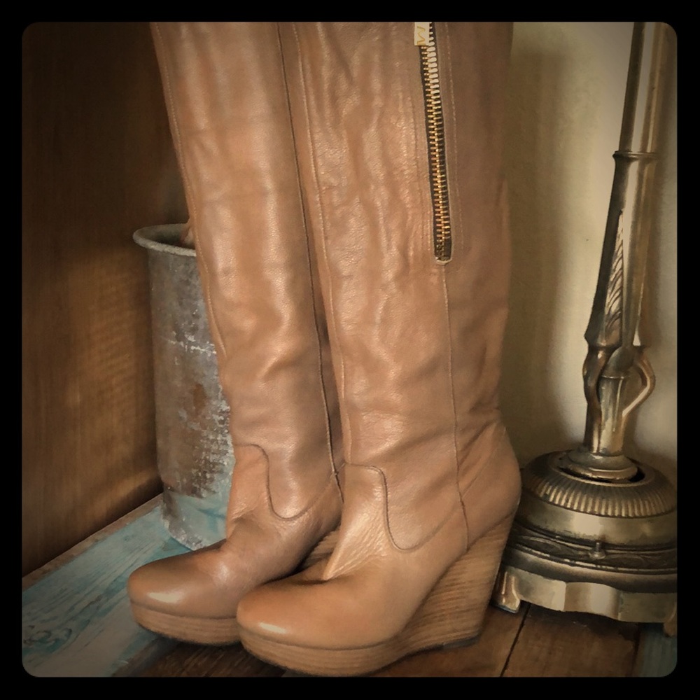 Knee high leather platform wedge boots w/gold